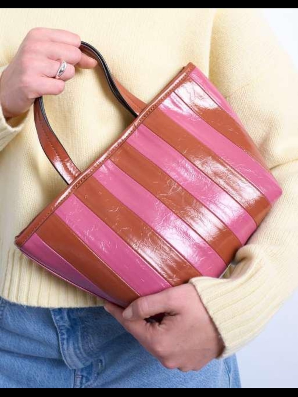 Topshop Gemma Pink Brown Striped Faux Leather Grab Bag Crossbody